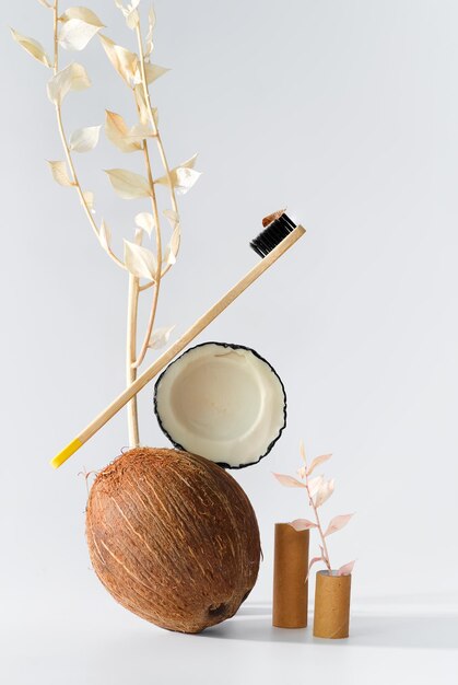 Bamboo toothbrush on white background