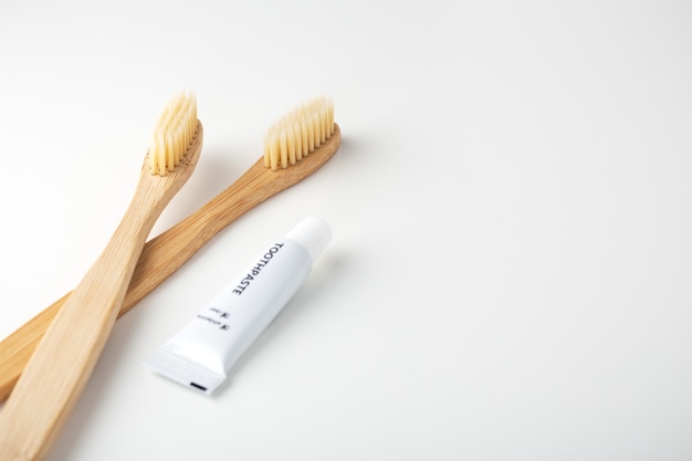 Bamboo toothbrushes on white