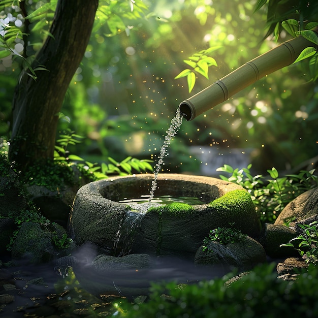 A bamboo tube pouring water into an ancient stone well