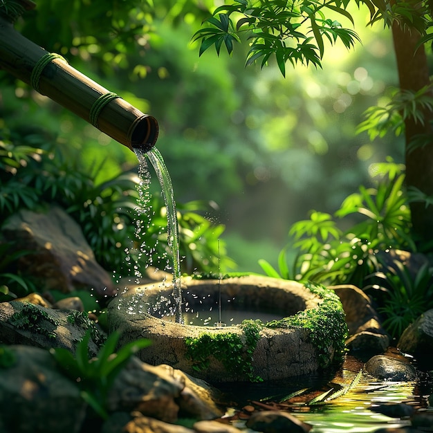 A bamboo tube pouring water into an ancient stone well