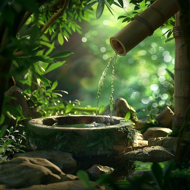 A bamboo tube pouring water into an ancient stone well