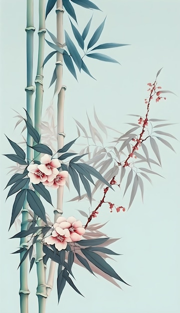 A bamboo wallpaper with a pink flower and a green branch with the word bamboo on it.