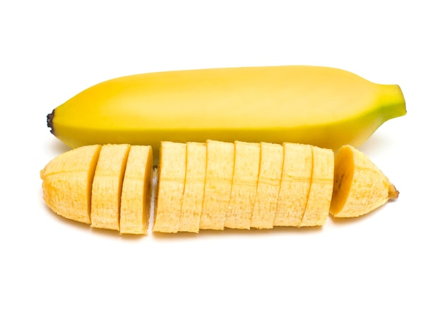 Banana baby slices and whole isolated on a white background. Flat lay, top view. Yellow Fruit