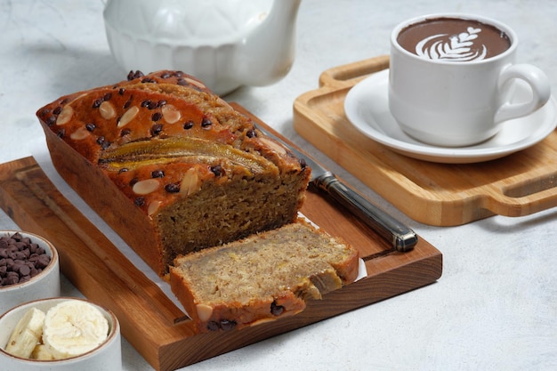 banana bread on light concrete background,copy space for text.	