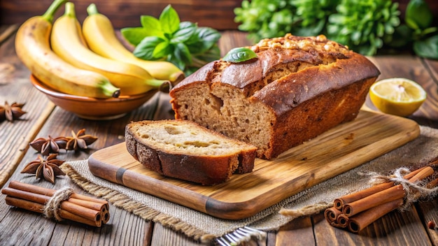 a banana bread with bananas on it and a banana on the side