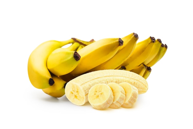 Banana bunch with slices on white background