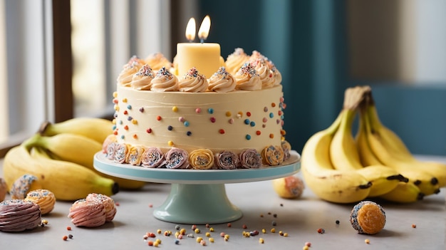 Banana cake for a childs birthday bananas and other sweets are also on the table