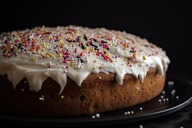 Banana cake topped with vanilla frosting and sprinkles