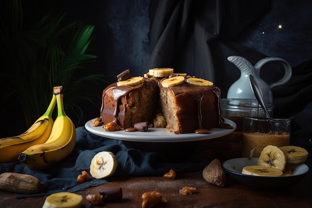 A banana cake with a slice cut out of it