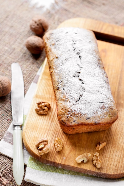 Banana cake with walnuts and dark chocolate