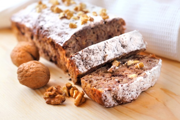 Banana cake with walnuts and dark chocolate