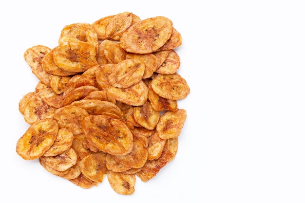 Banana chips on white background