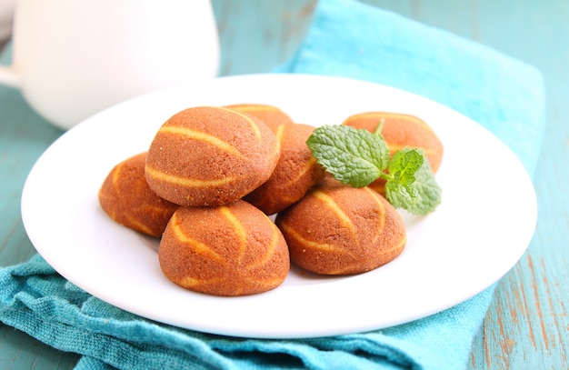 Banana chocolate cookies decorated with mint on a plate