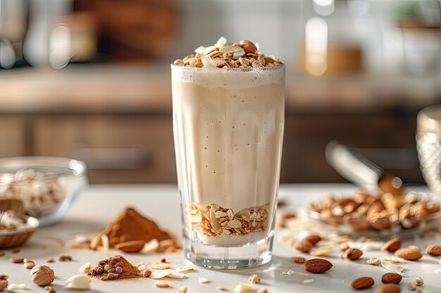 Banana Coconut and Almond Layered Smoothie in a Tall Glass