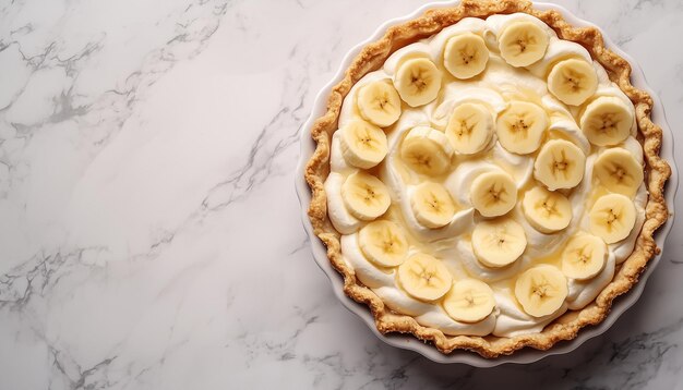 Banana cream pie pastry homemade dessert with topping banana slice flat lay