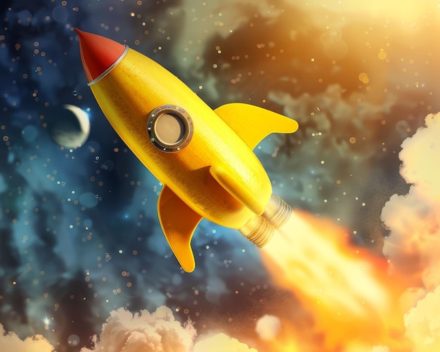 A banana depicted as a rocket ship launching into space fun and imaginative