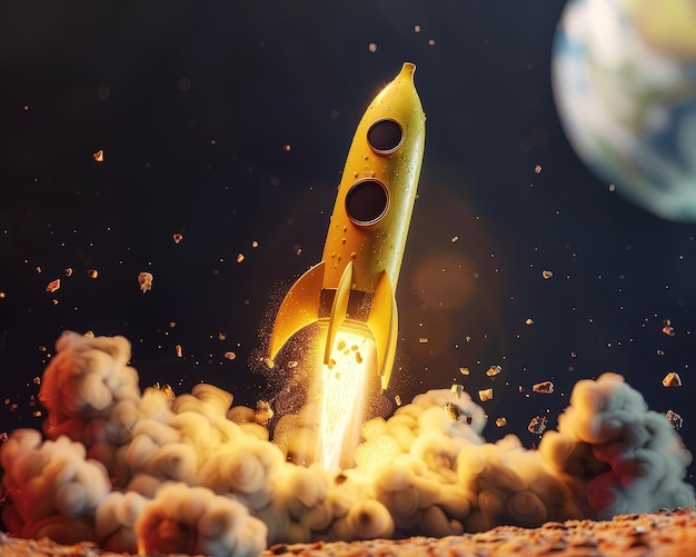 A banana depicted as a rocket ship launching into space fun and imaginative