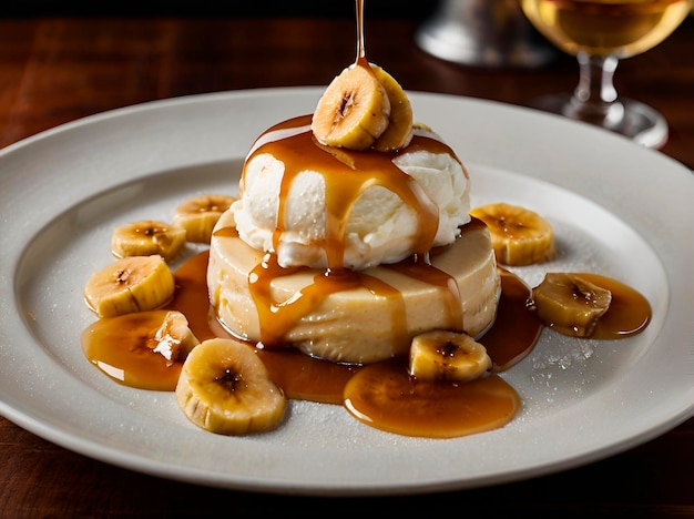 Banana foster with flambeed bananas in a rum sauce served over vanilla ice cream