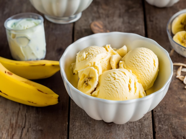 Banana ice cream in bowl on country table