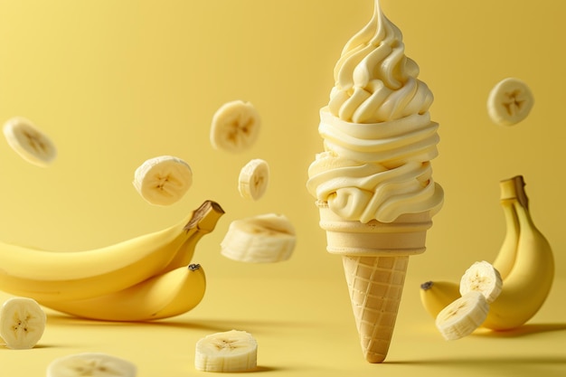 Banana ice cream cone with banana slices on a yellow background