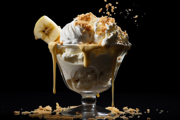 Banana ice cream in a glass cup on a black background