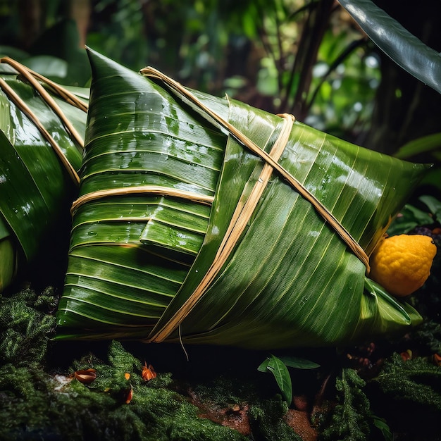 a banana leaf with a yellow lemon on it