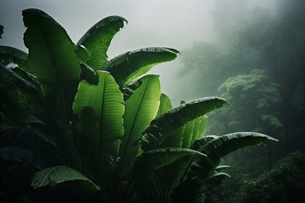 Banana leaves in a foggy forest