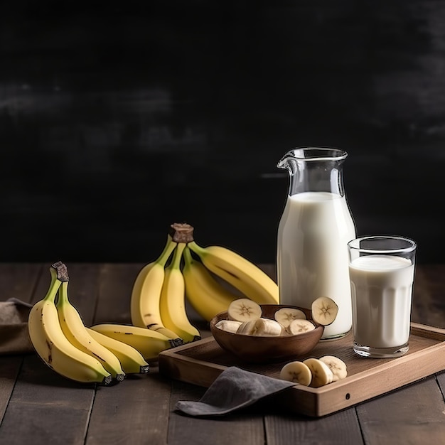 banana and milk on wooden table