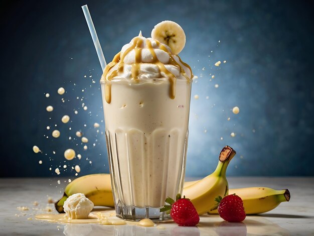 Photo a banana milkshake with white straw