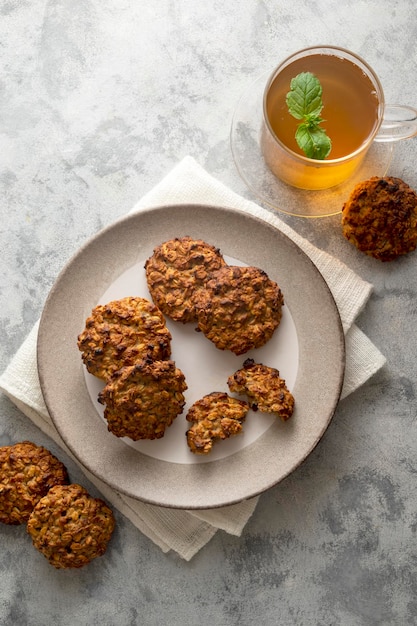 Banana peanut butter cookies Top view of healthy oat cookies