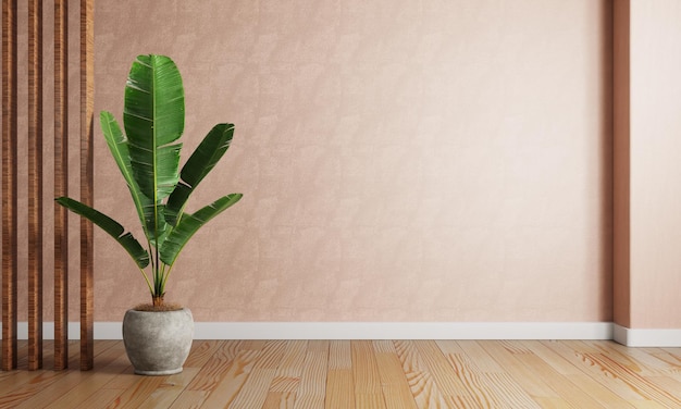 Banana plant pot in the red coral color living room with raw concrete wall background Interior and Architecture concept 3D illustration rendering