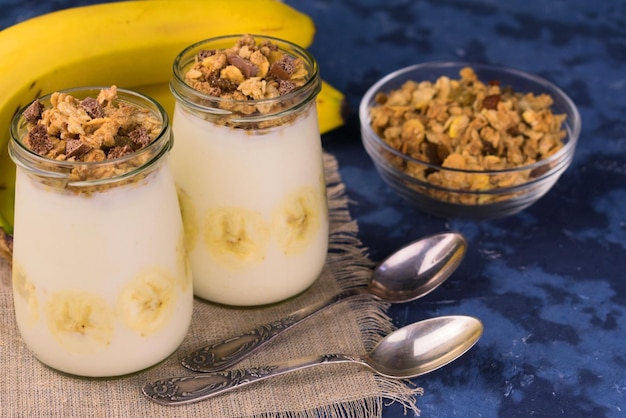 Banana pudding with chia seeds granola. 