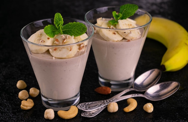 Banana pudding with chocolate and nuts.