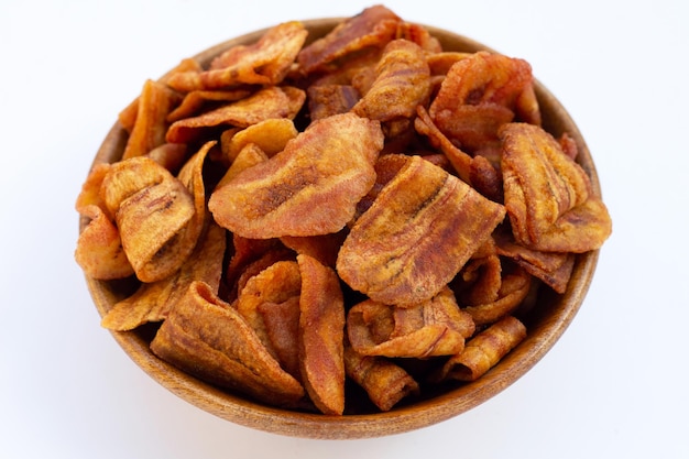 Banana slice chips on white background