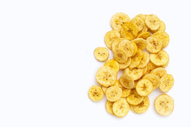 Banana slice chips on white background