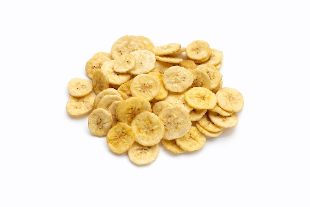 Banana slice chips on white background