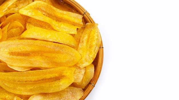 Banana slice chips on white background