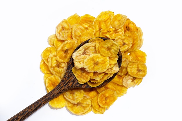 Banana slice chips on white background