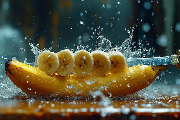 banana slices with knife and water drops and splashes on natural background