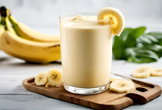 Banana smoothie with bananas on the side sitting on a cutting board