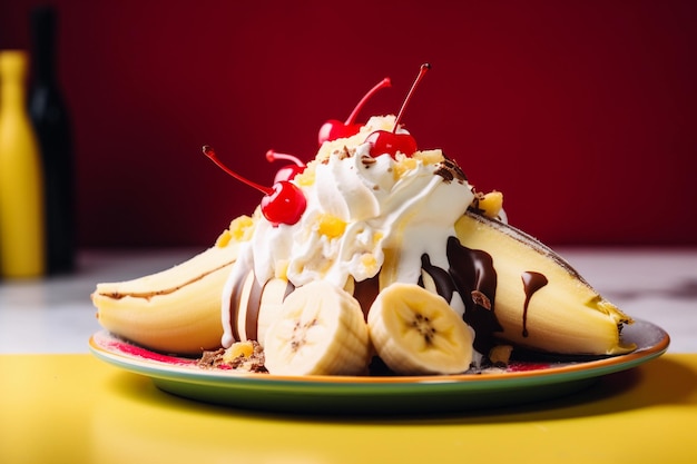 Banana split on a plate with cherry on top and chocolate in a blurry background