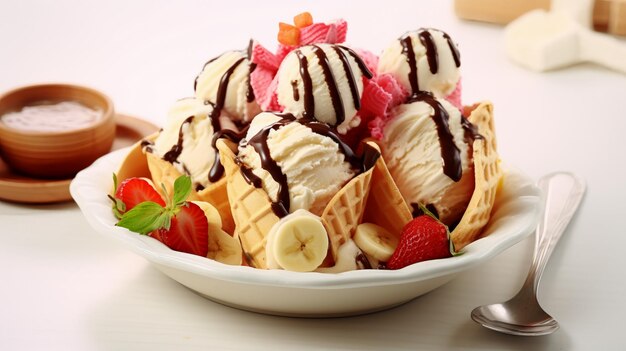 Banana split sundae ice cream in a bowl with strawberry and raspberry vanilla icecream scoops