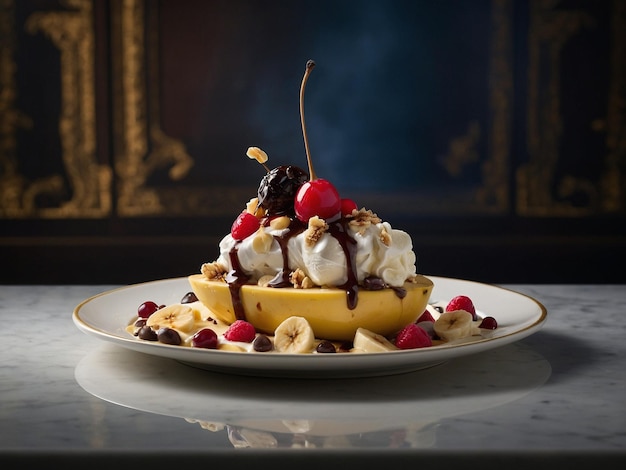 Photo a banana split with bananas and bananas on a plate