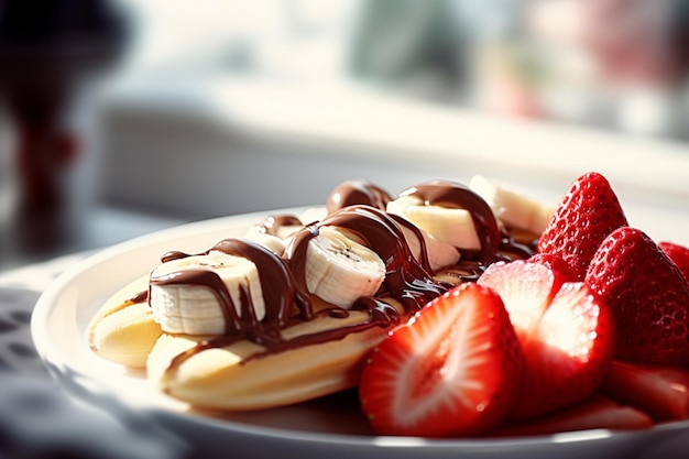 A banana split with chocolate sauce and strawberries on top