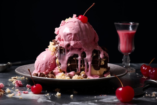 Photo a banana split with a scoop of raspberry ripple ice cre