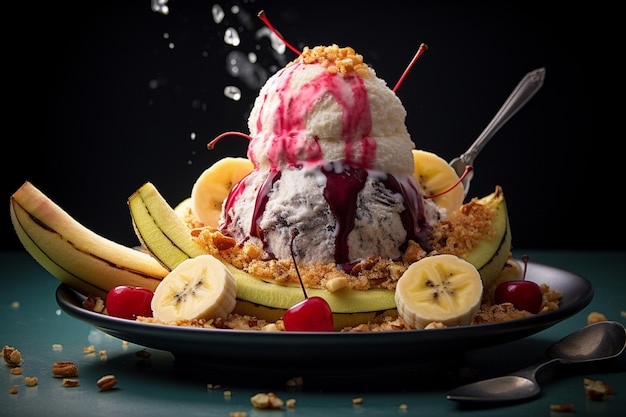 A banana split with a scoop of vanilla ice cream