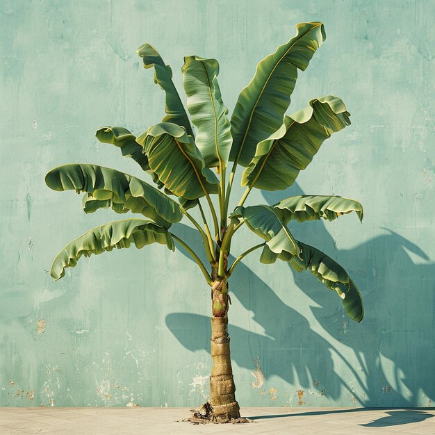 a banana tree is standing in front of a blue wall