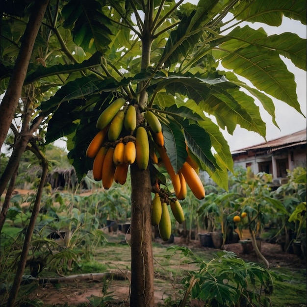 Photo a banana tree with a bunch of bananas hanging from it