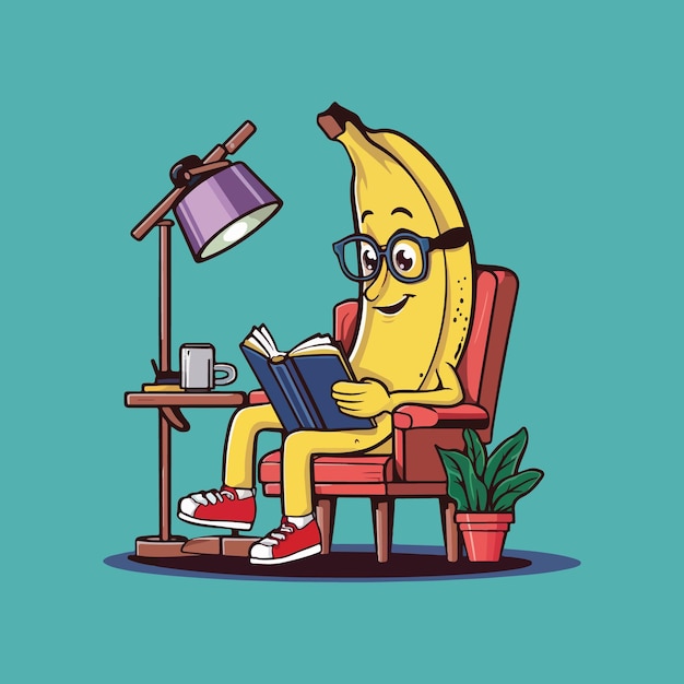 a banana with glasses reading a book and a book