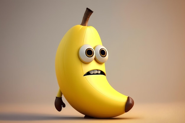 A banana with googly eyes and a sad face is in front of a grey background